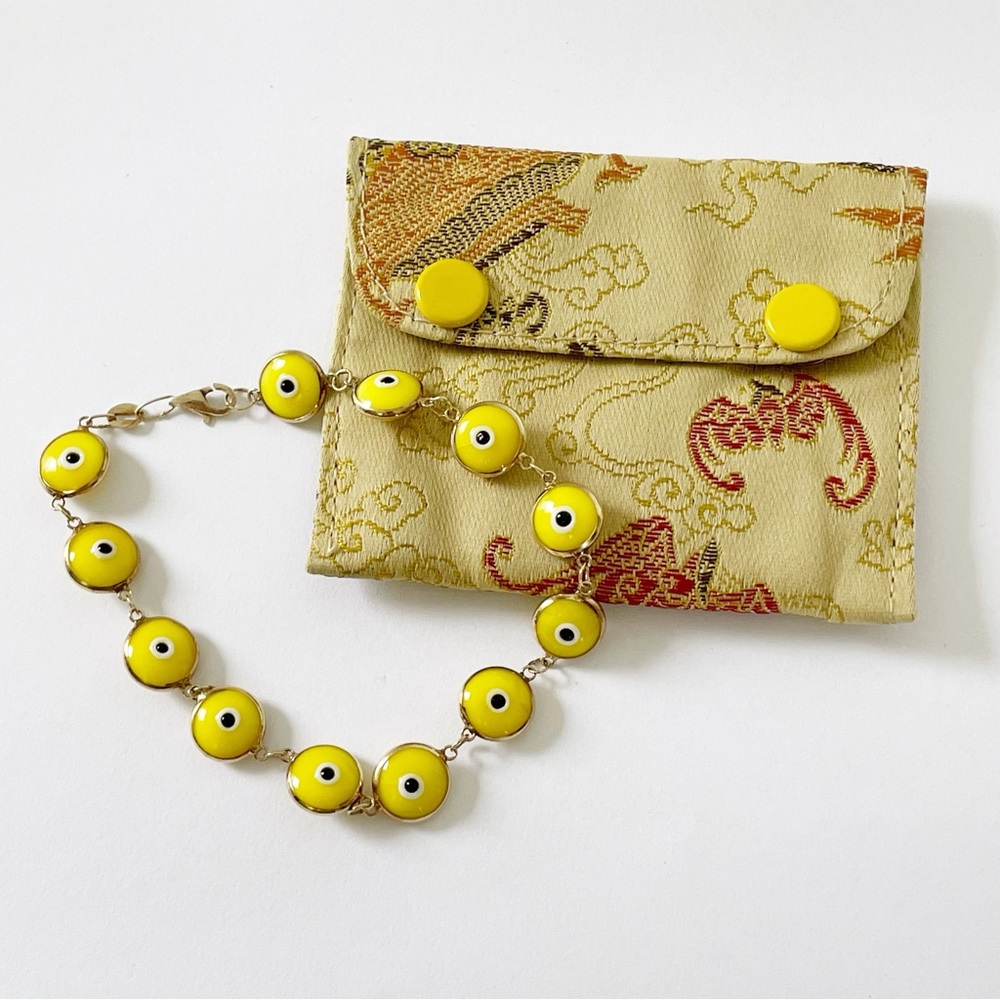 14k yellow gold yellow glass evil eye vintage bracelet - Picture 3 of 12